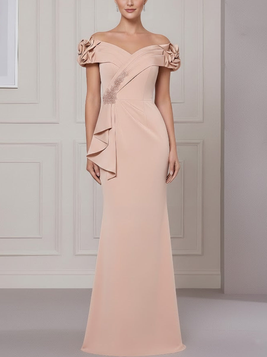 Trumpet/Mermaid Off-the-Shoulder Stretch Satin Mother of the Bride Dresses Sleeveless Floor-Length Ruffles
