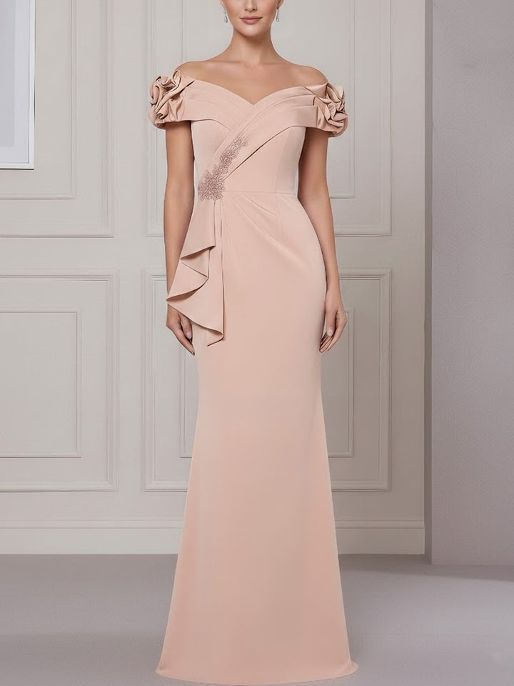 Trumpet/Mermaid Off-the-Shoulder Stretch Satin Mother of the Bride Dresses Sleeveless Floor-Length Ruffles