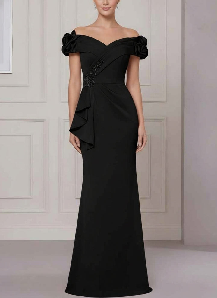 Trumpet/Mermaid Off-the-Shoulder Stretch Satin Mother of the Bride Dresses Sleeveless Floor-Length Ruffles