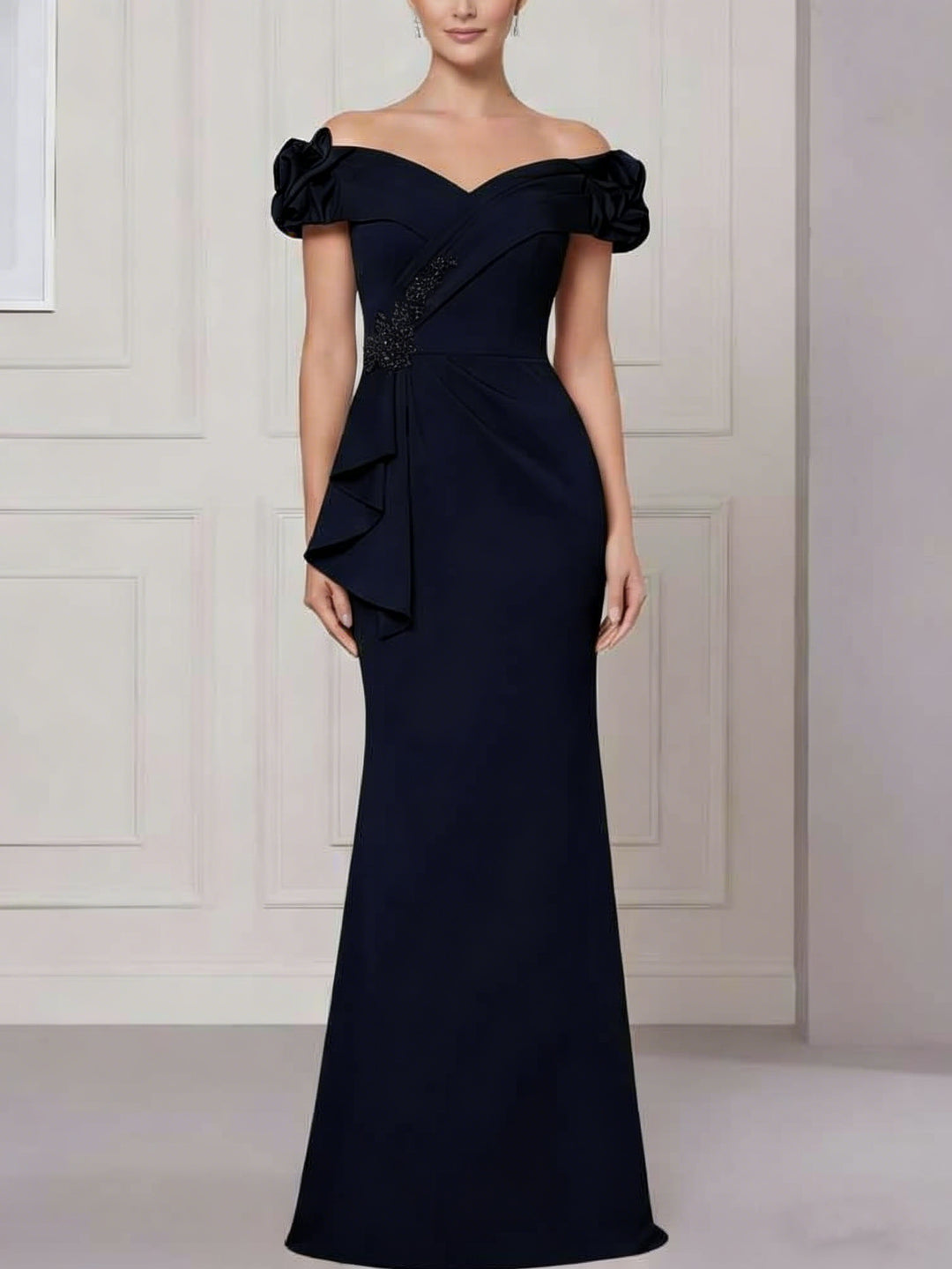 Trumpet/Mermaid Off-the-Shoulder Stretch Satin Mother of the Bride Dresses Sleeveless Floor-Length Ruffles