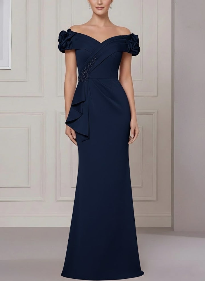 Trumpet/Mermaid Off-the-Shoulder Stretch Satin Mother of the Bride Dresses Sleeveless Floor-Length Ruffles