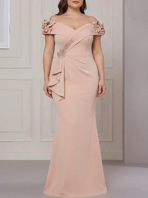 Trumpet/Mermaid Off-the-Shoulder Stretch Satin Plus Size Mother of the Bride Dresses Sleeveless Floor-Length Ruffles