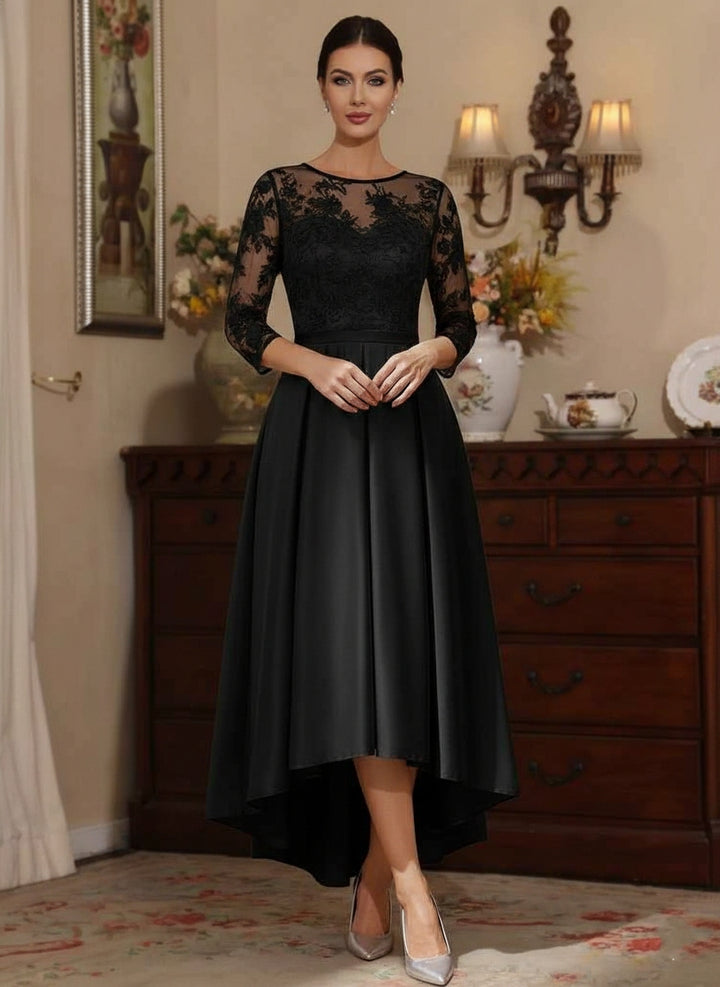 A-Line/Princess Scoop Satin Mother of the Bride Dresses Lace Asymmetrical Ankle-Length 3/4 Sleeves