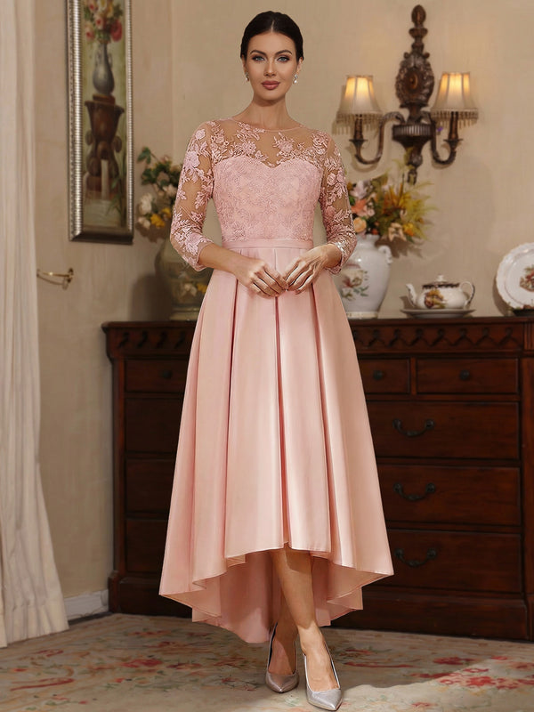 A-Line/Princess Scoop Satin Mother of the Bride Dresses Lace Asymmetrical Ankle-Length Floral 3/4 Sleeves