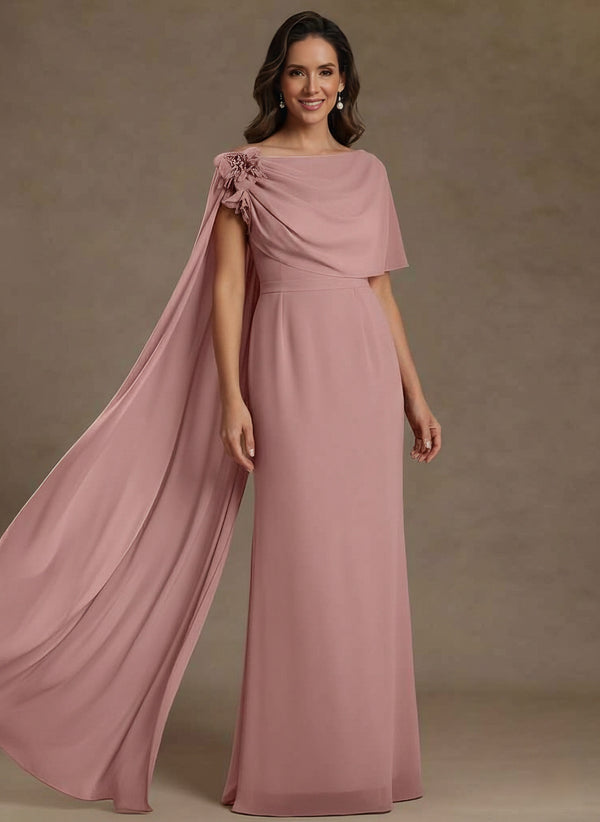 Sheath/Column Cowl Neck Chiffon Mother of the Bride Dresses with Watteau Train Floral Floor-Length Flower Sleeveless
