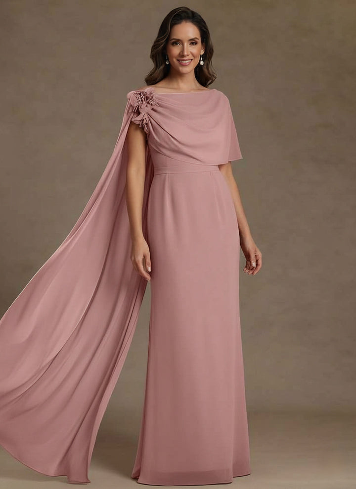 Sheath/Column Cowl Neck Chiffon Mother of the Bride Dresses with Watteau Train Floor-Length Flower Sleeveless