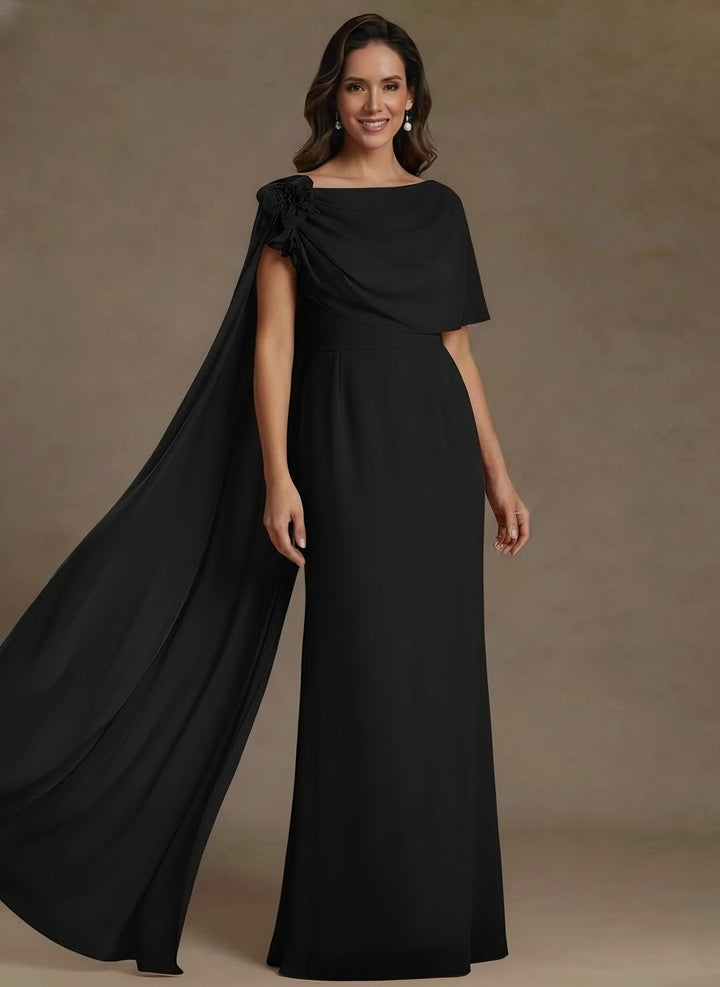 Sheath/Column Cowl Neck Chiffon Mother of the Bride Dresses with Watteau Train Floor-Length Flower Sleeveless