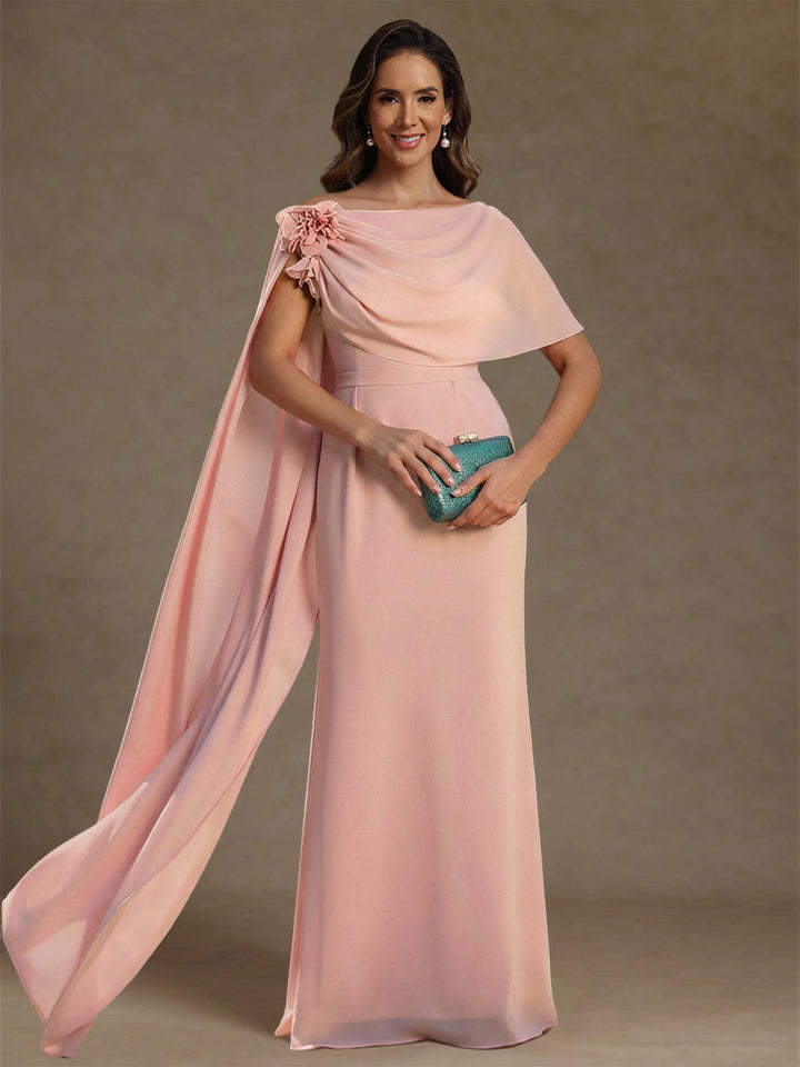 Sheath/Column Cowl Neck Chiffon Mother of the Bride Dresses with Watteau Train Floor-Length Flower Sleeveless