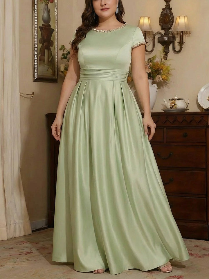 A-Line/Princess Silk Satin Jewel Neck Plus Size Mother ofthe Bride Dresses Floor Length Short Sleeves Rhinestone