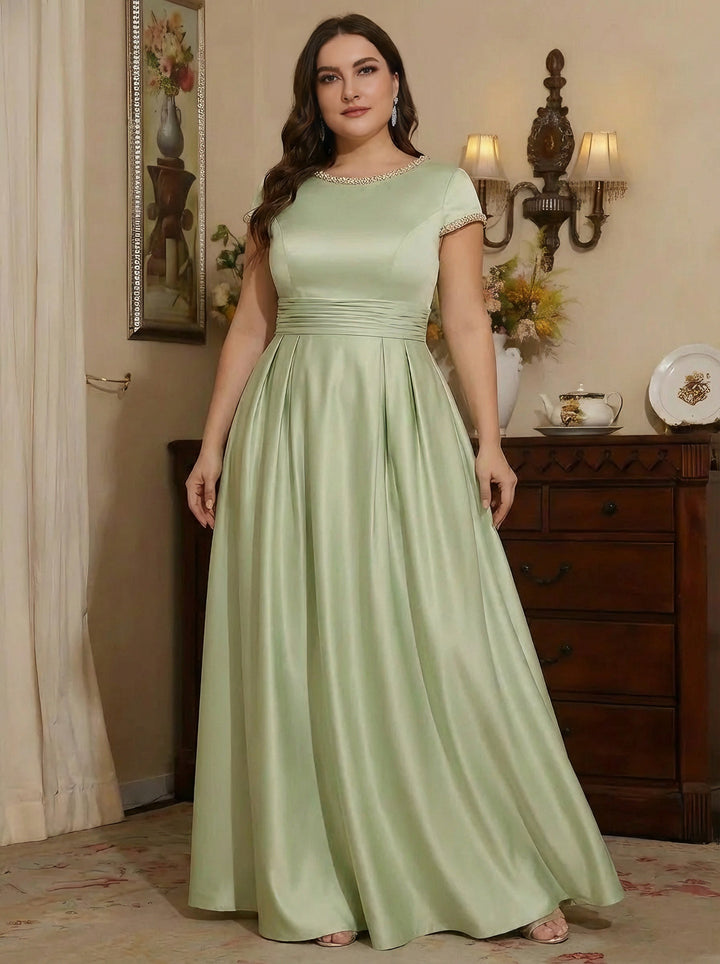 A-Line/Princess Silk Satin Jewel Neck Plus Size Mother ofthe Bride Dresses Floor Length Short Sleeves Rhinestone