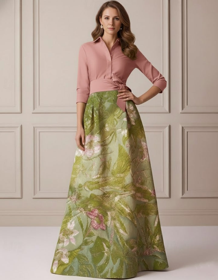A-Line/Princess Shirt Collar Satin Mother of the Bride Dresses 3/4 Sleeves Floor-Length Floral Bowknot
