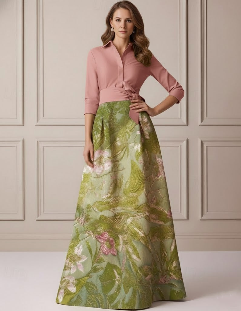 A-Line/Princess Shirt Collar Satin Mother of the Bride Dresses 3/4 Sleeves Floor-Length Floral Bowknot