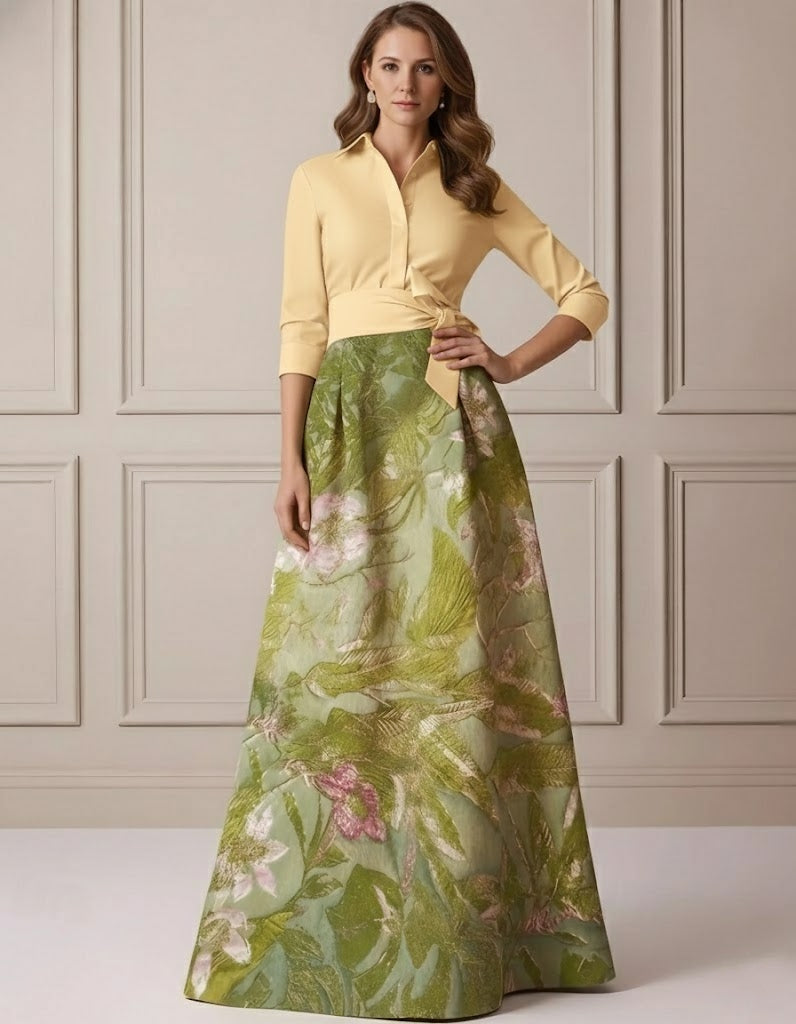 A-Line/Princess Shirt Collar Satin Mother of the Bride Dresses 3/4 Sleeves Floor-Length Floral Bowknot