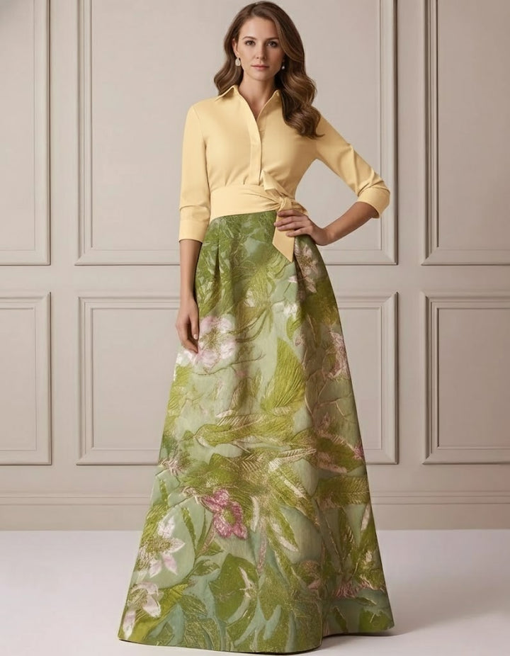 A-Line/Princess Shirt Collar Satin Mother of the Bride Dresses 3/4 Sleeves Floor-Length Floral Bowknot