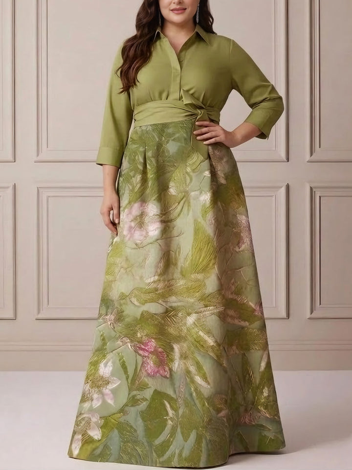 A-Line/Princess Shirt Collar Satin Plus Size Mother of the Bride Dresses 3/4 Sleeves Floor-Length Floral Bowknot