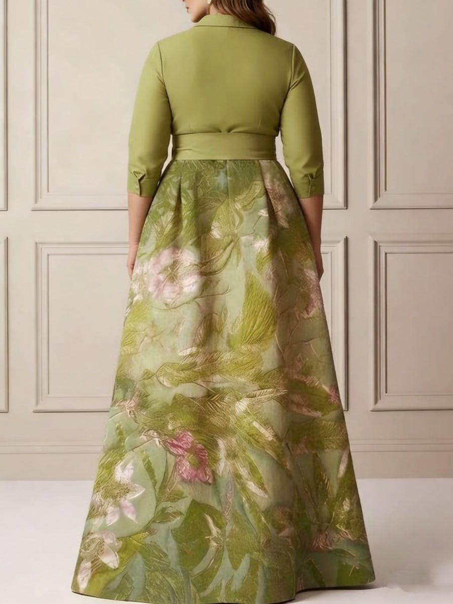 A-Line/Princess Shirt Collar Satin Plus Size Mother of the Bride Dresses 3/4 Sleeves Floor-Length Floral Bowknot