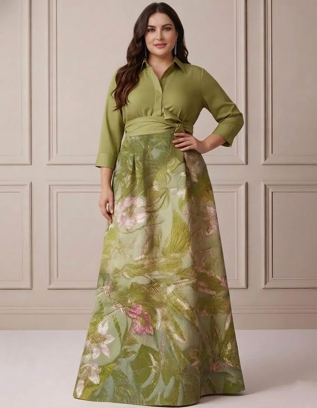 A-Line/Princess Shirt Collar Satin Plus Size Mother of the Bride Dresses 3/4 Sleeves Floor-Length Floral Bowknot