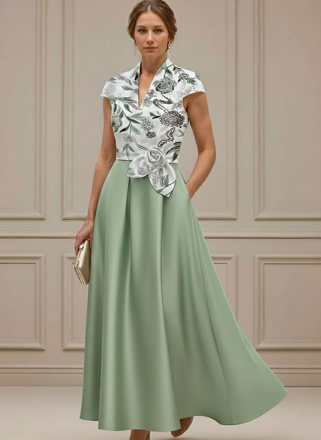 A-Line/Princess V-Neck Satin Mother of the Bride Dresses with Sash Short Sleeves Ankle-Length Floral