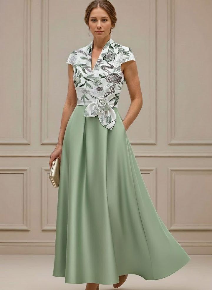A-Line/Princess V-Neck Satin Mother of the Bride Dresses with Sash Short Sleeves Ankle-Length Floral