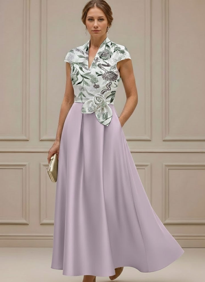 A-Line/Princess V-Neck Satin Mother of the Bride Dresses with Sash Short Sleeves Ankle-Length Floral