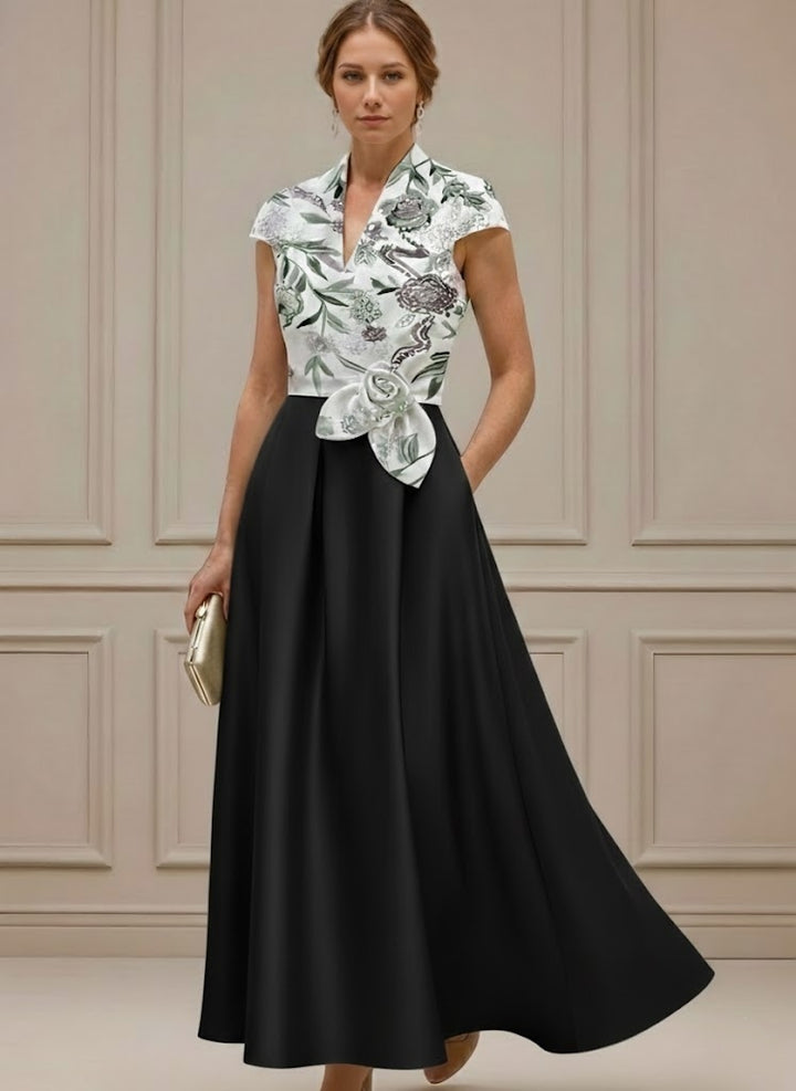 A-Line/Princess V-Neck Satin Mother of the Bride Dresses with Sash Short Sleeves Ankle-Length Floral