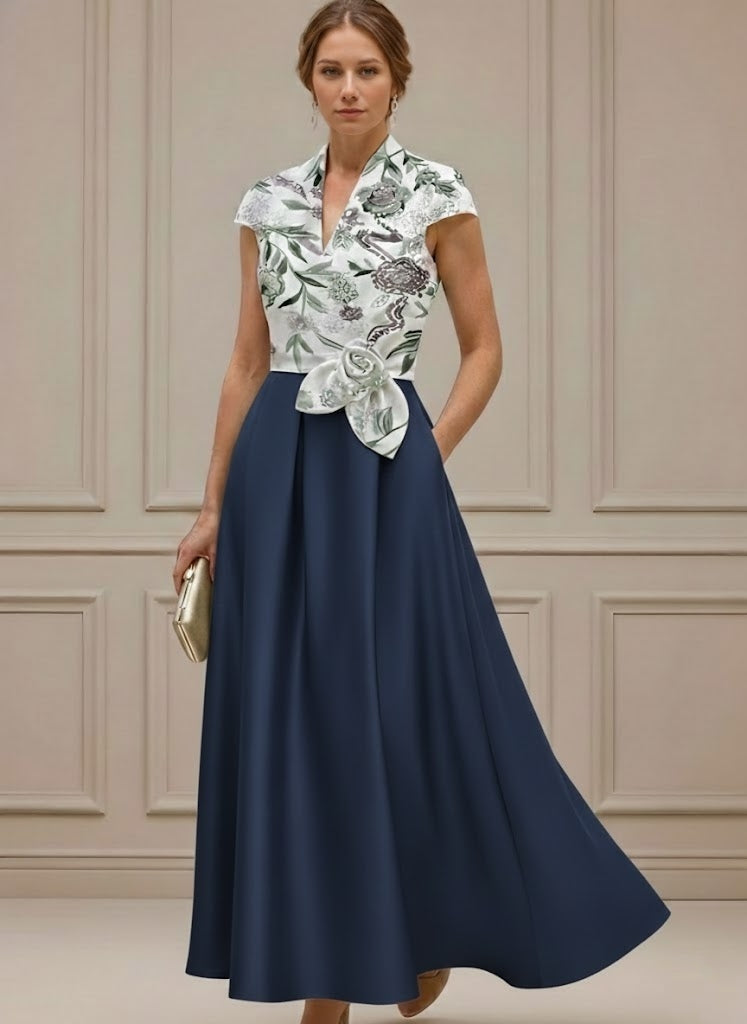 A-Line/Princess V-Neck Satin Mother of the Bride Dresses with Sash Short Sleeves Ankle-Length Floral