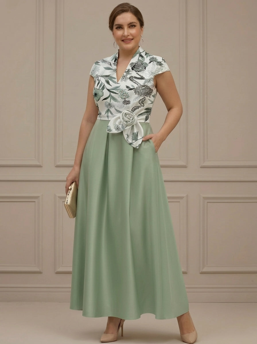 A-Line/Princess V-Neck Satin Plus Size Mother of the Bride Dresses with Sash Short Sleeves Ankle-Length Floral