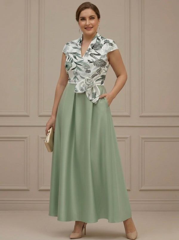 A-Line/Princess V-Neck Satin Plus Size Mother of the Bride Dresses with Sash Short Sleeves Ankle-Length Floral