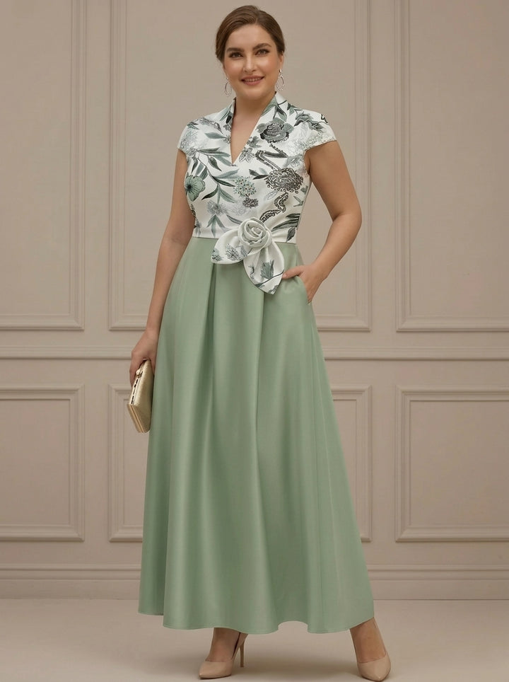 A-Line/Princess V-Neck Satin Plus Size Mother of the Bride Dresses with Sash Short Sleeves Ankle-Length Floral