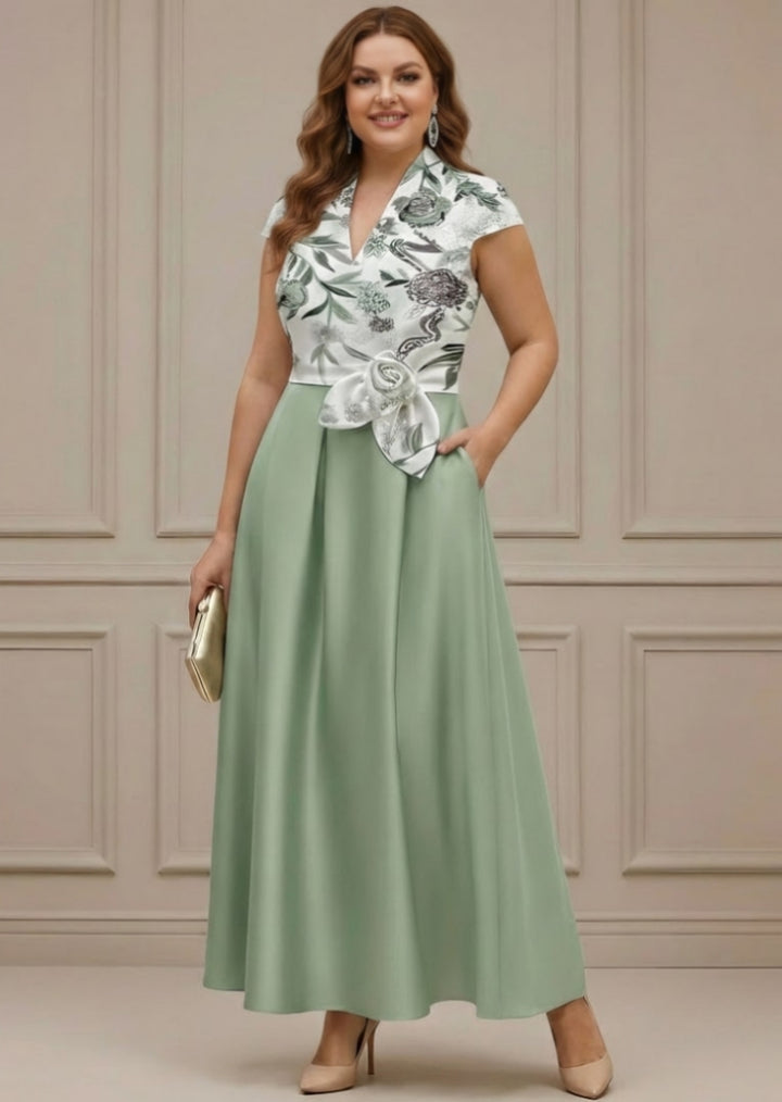A-Line/Princess V-Neck Satin Plus Size Mother of the Bride Dresses with Sash Short Sleeves Ankle-Length Floral