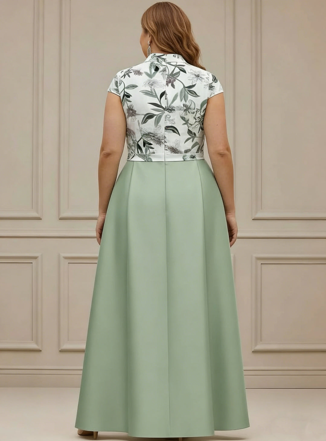 A-Line/Princess V-Neck Satin Plus Size Mother of the Bride Dresses with Sash Short Sleeves Ankle-Length Floral