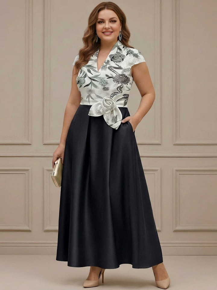 A-Line/Princess V-Neck Satin Plus Size Mother of the Bride Dresses with Sash Short Sleeves Ankle-Length Floral