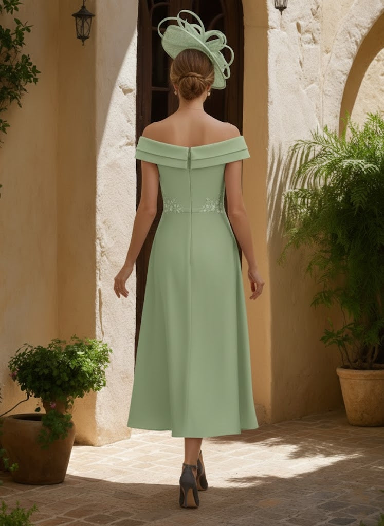 A-Line/Princess Off-the-Shoulder Stretch Satin Mother of the Bride Dresses Lace Tea-Length Sleeveless Ruched