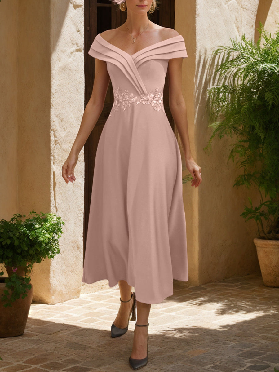 A-Line/Princess Off-the-Shoulder Stretch Satin Mother of the Bride Dresses Lace Tea-Length Sleeveless Ruched