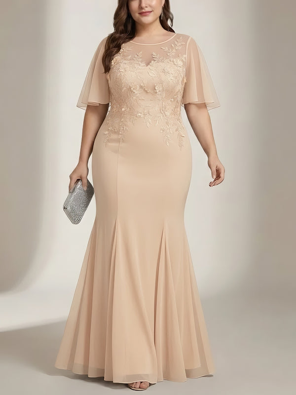 Trumpet/Mermaid Scoop Chiffon Plus Size Mother of the Bride Dresses Lace Floor-Length Short Sleeves