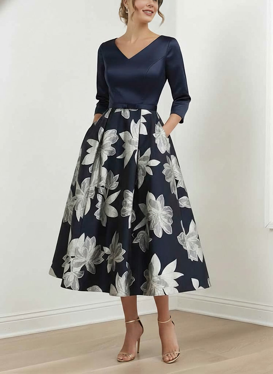 navy blue tea length dress A-Line/Princess V-Neck Satin Mother of the Bride Dresses Tea-Length 3/4 Sleeves Printed Flower, As Pic