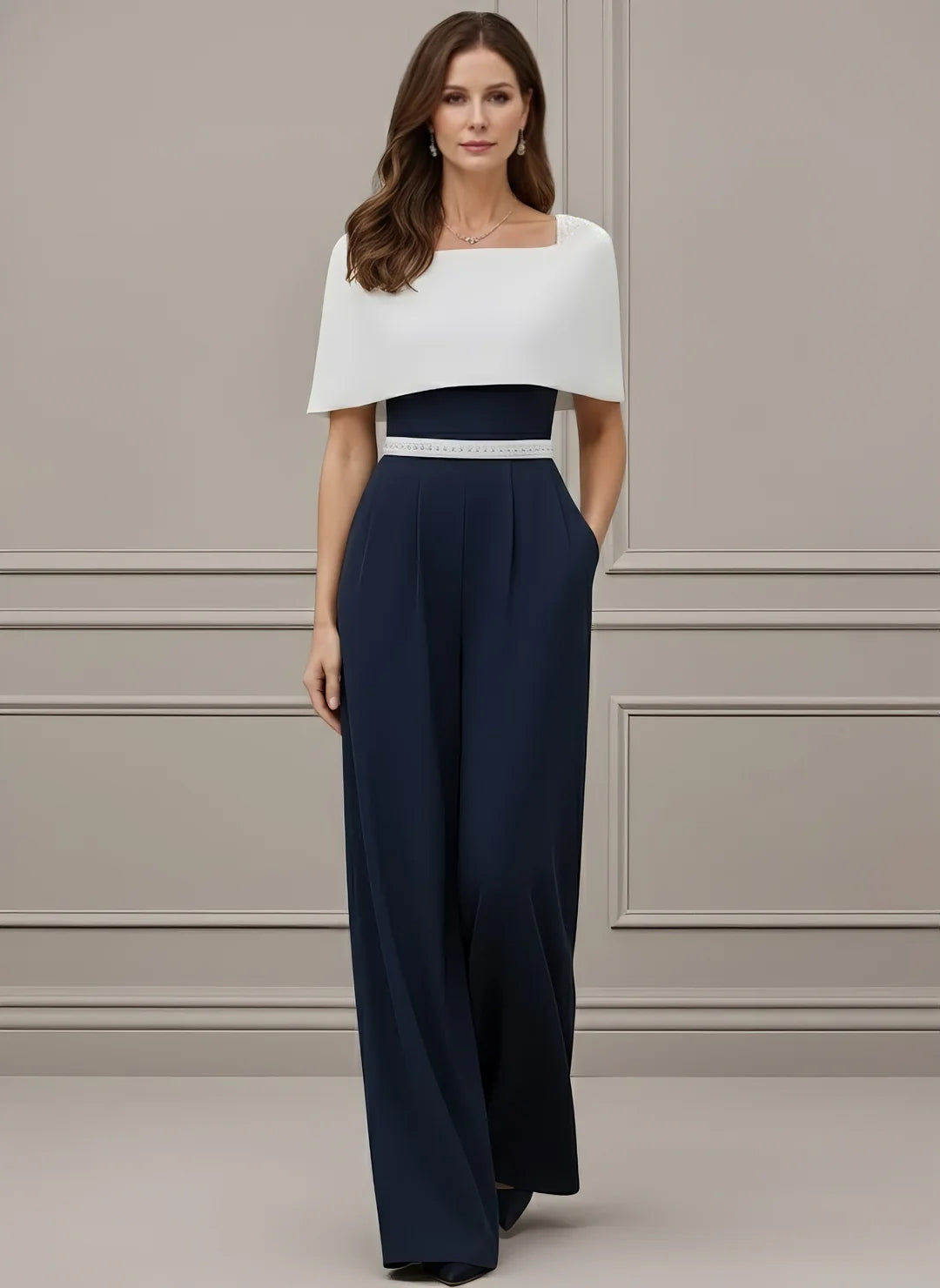 Square Collar Stretch Satin Mother of the Bride Jumpsuit Floor-Length Cape Sleeves Sash