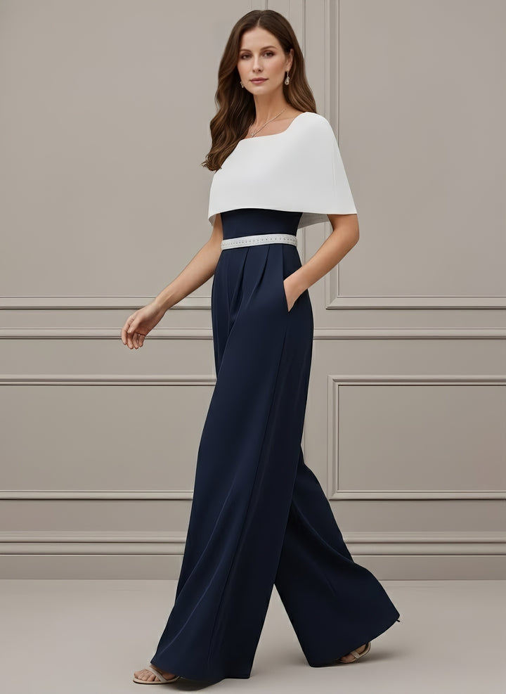 Square Collar Stretch Satin Mother of the Bride Jumpsuit Floor-Length Cape Sleeves Sash