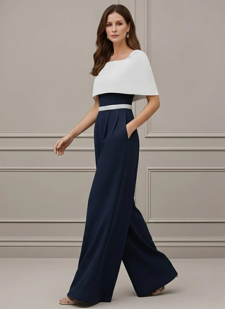 Square Collar Stretch Satin Mother of the Bride Jumpsuit Floor-Length Cape Sleeves Sash