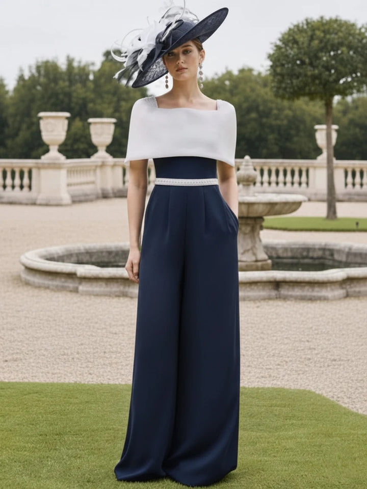 Square Collar Stretch Satin Mother of the Bride Jumpsuit Floor-Length Cape Sleeves Sash