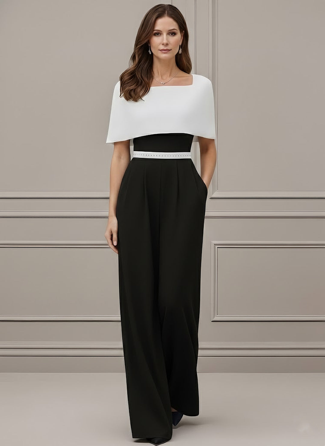 Square Collar Stretch Satin Mother of the Bride Jumpsuit Floor-Length Cape Sleeves Sash