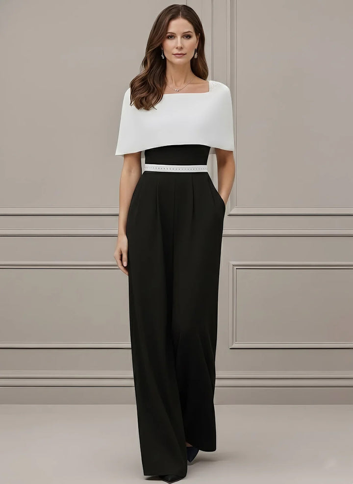 Square Collar Stretch Satin Mother of the Bride Jumpsuit Floor-Length Cape Sleeves Sash