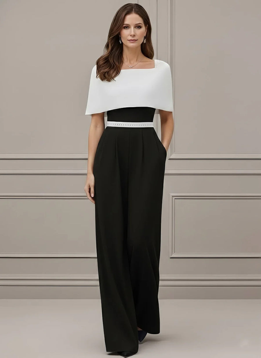 Square Collar Stretch Satin Mother of the Bride Jumpsuit Floor-Length Cape Sleeves Sash
