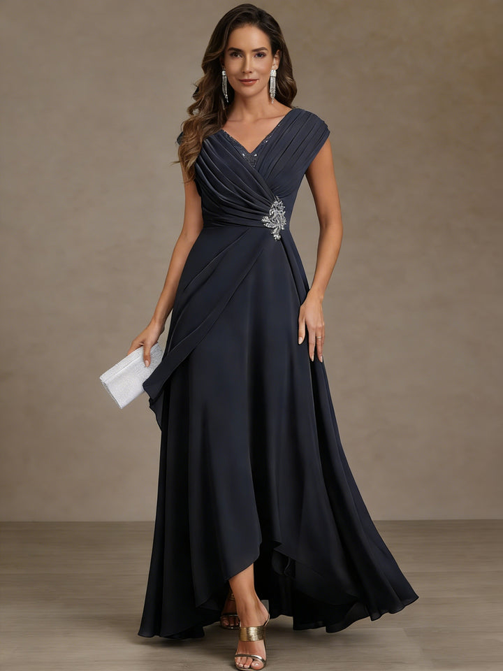 A-Line/Princess V-Neck Chiffon Mother of the Bride Dresses Asymmetrical Floor-Length Sequins Ruched