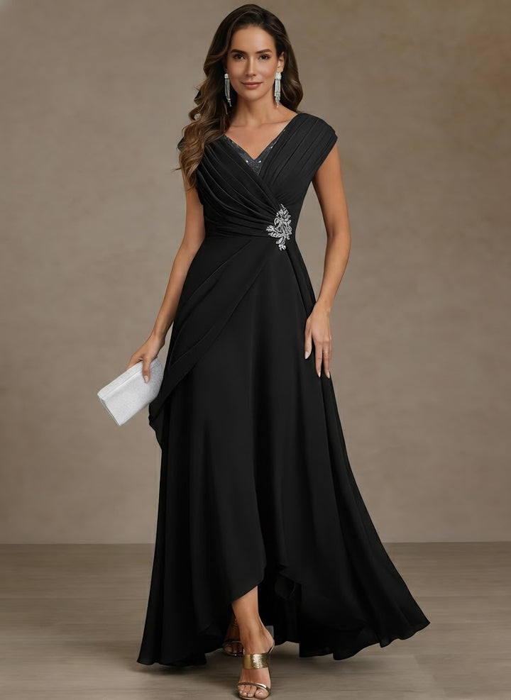 A-Line/Princess V-Neck Chiffon Mother of the Bride Dresses Asymmetrical Floor-Length Sequins Ruched
