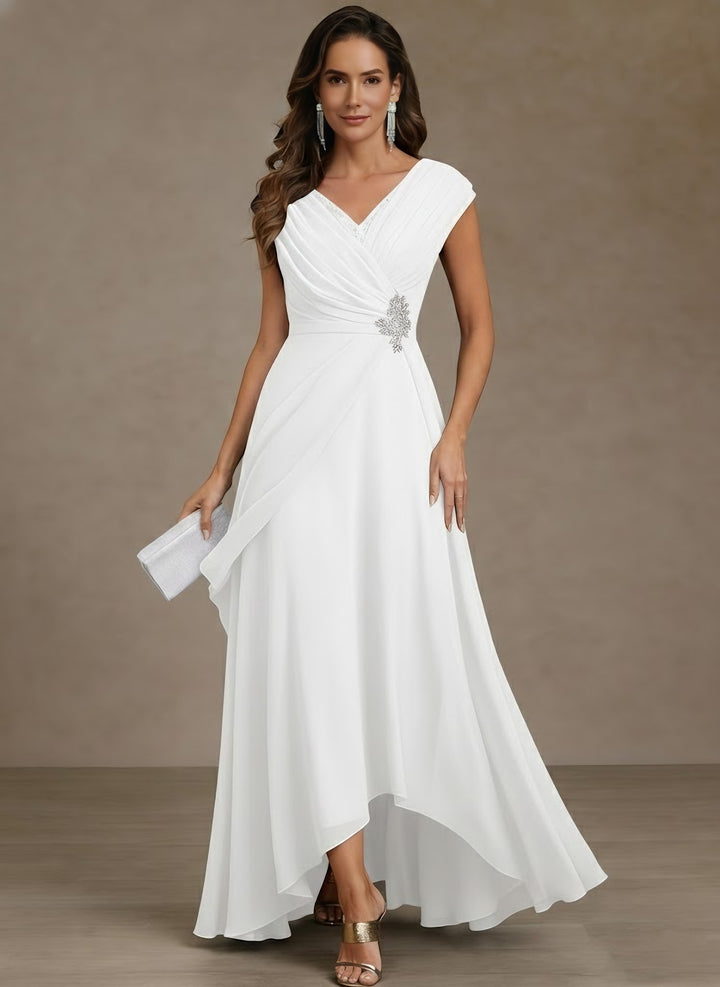 A-Line/Princess V-Neck Chiffon Mother of the Bride Dresses Asymmetrical Floor-Length Sequins Ruched