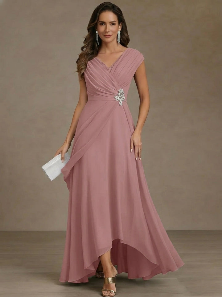 A-Line/Princess V-Neck Chiffon Mother of the Bride Dresses Asymmetrical Floor-Length Sequins Ruched