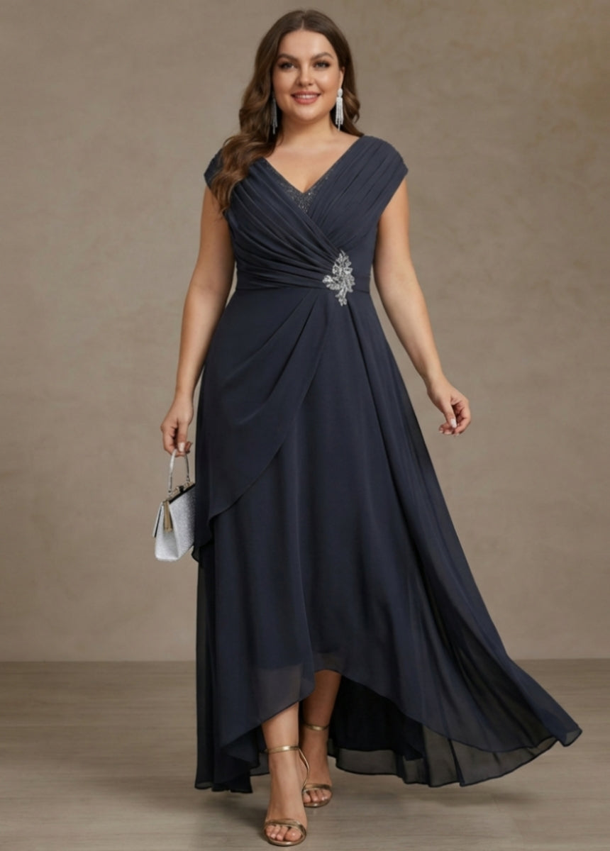 A-Line/Princess V-Neck Chiffon Plus Size Mother of the Bride Dresses Asymmetrical Floor-Length Sequins Ruched