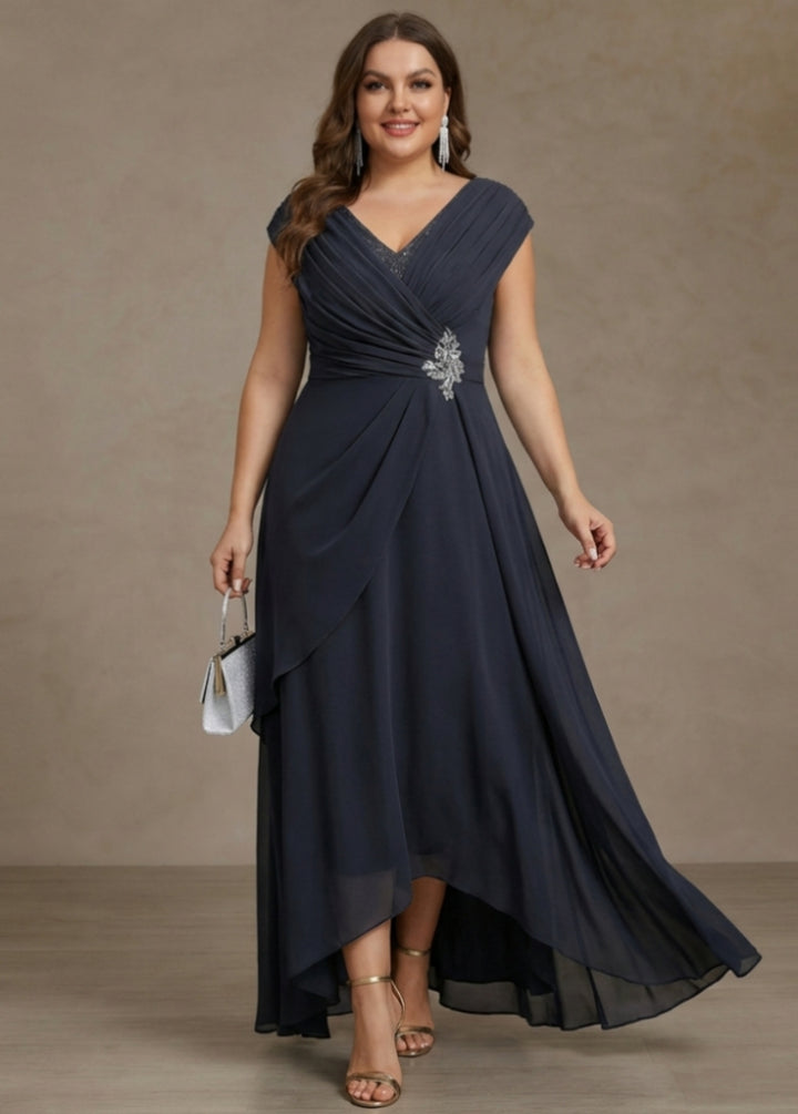 A-Line/Princess V-Neck Chiffon Plus Size Mother of the Bride Dresses Asymmetrical Floor-Length Sequins Ruched