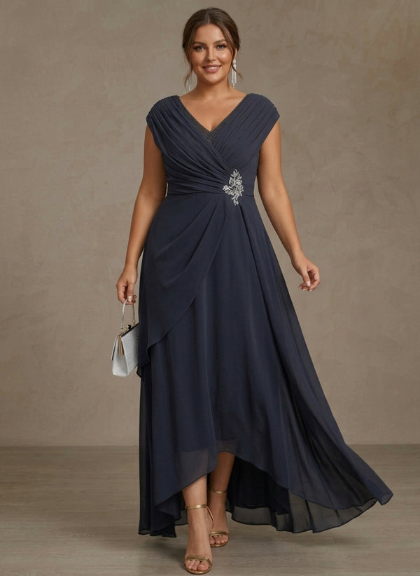 A-Line/Princess V-Neck Chiffon Plus Size Mother of the Bride Dresses Asymmetrical Floor-Length Sequins Ruched